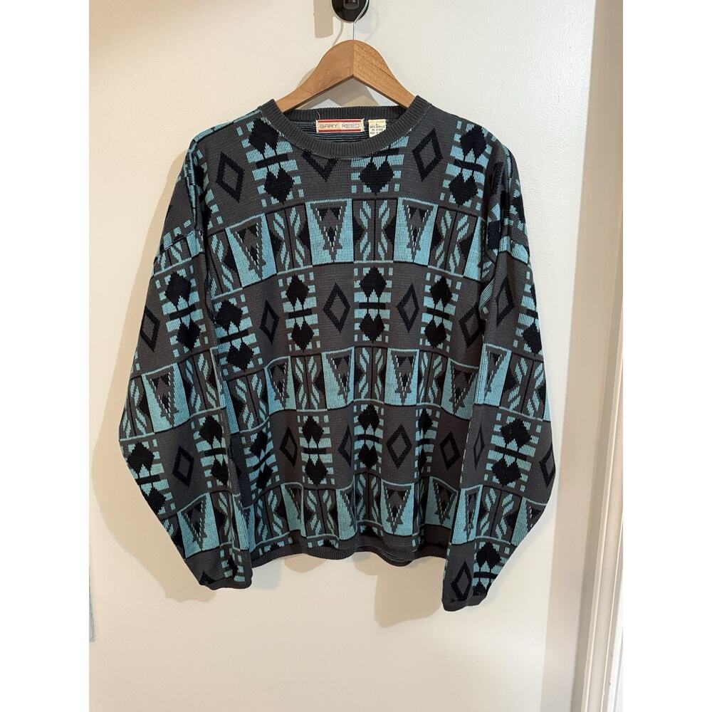 Vintage Gary Reed Knit 80s Sweater Men's Size Large Black Turquoise Geometric